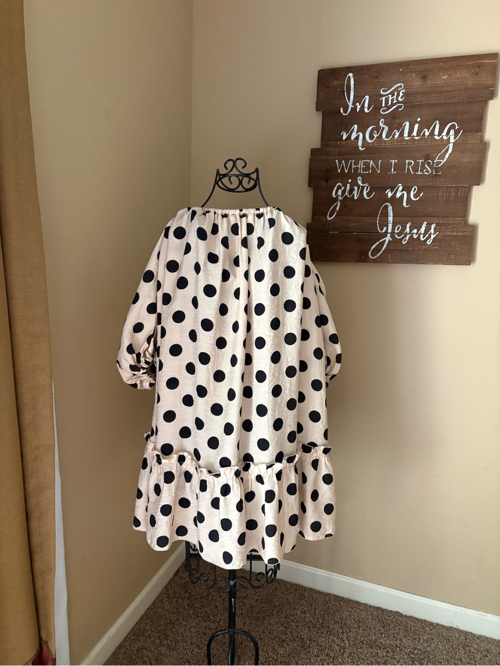 Polka Dot Puff-Sleeve Dress          Off Shoulder Cream with Black Dots - Picture 2 of 3